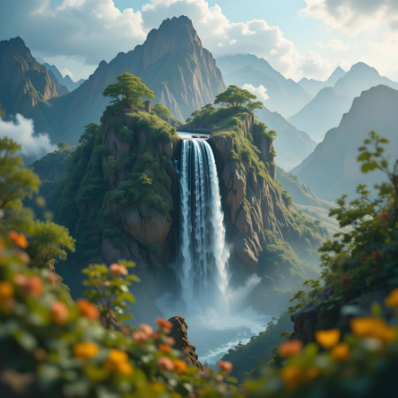 Waterfall in the mountains at sunset. 3d rendering, 3d illustration.の素材