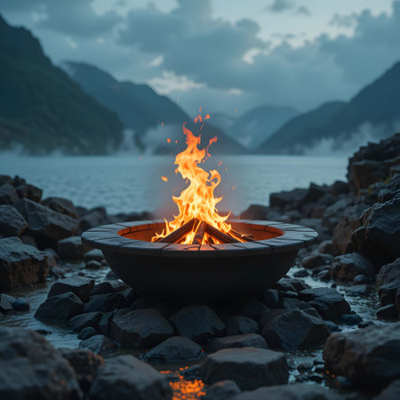 Bonfire on the shore of Lake Garda, Lombardy, Italyの素材