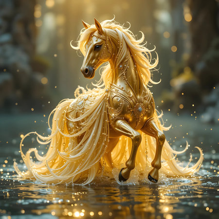 Horse with golden mane in a winter forest. 3d renderingの素材