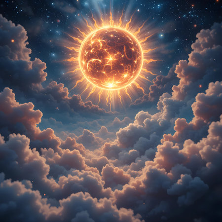 Fiery sun in the clouds. 3D rendering. Illustration.の素材
