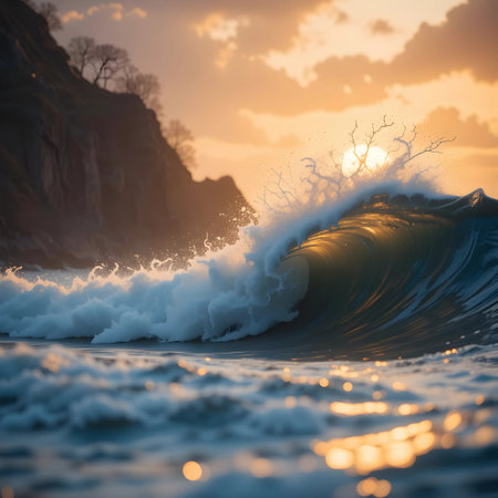 Ocean wave breaking on shore at sunset. Beautiful seascape.の素材