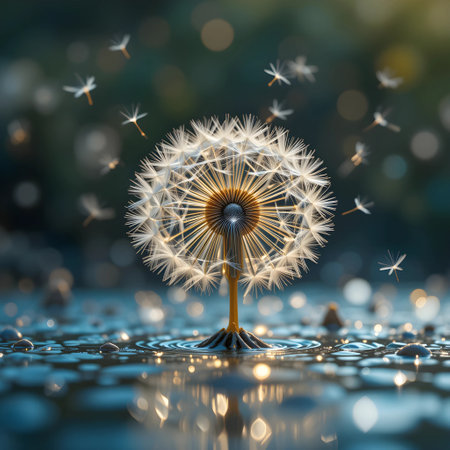Dandelion seeds on water surface with bokeh background.の素材
