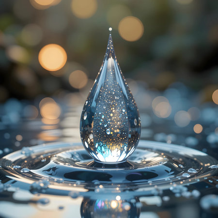 A drop of water on a reflective surface with bokeh backgroundの素材