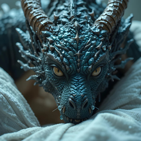 Close-up portrait of a fantasy dragon made of metal with hornsの素材