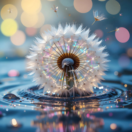 Dandelion in water with drops and bokeh background.の素材