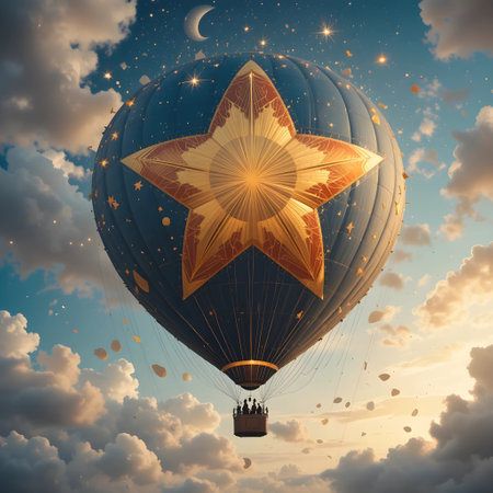 Hot air balloon with star in the sky. 3D rendering.の素材