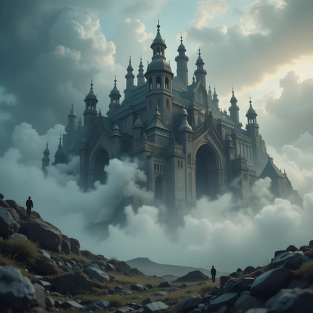 Mystical castle in the clouds. Fantasy landscape. 3d renderの素材