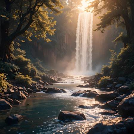 Beautiful waterfall in the forest at sunrise. Nature landscape background.の素材