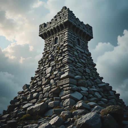 Stone tower in the mountains on a cloudy day. Toned.の素材