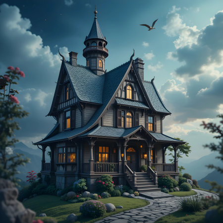 3D render of a fantasy house in the mountains with blue skyの素材