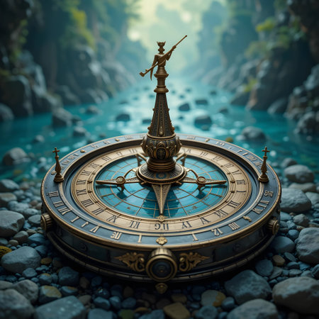 Vintage compass on the background of a mountain river. 3d renderingの素材