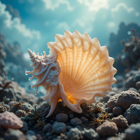 Sea shell on the seashore. Underwater world. 3d renderの素材