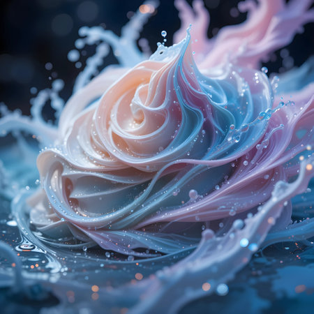 3D Illustration of a Whipped Cream Splashing on a Blue Backgroundの素材
