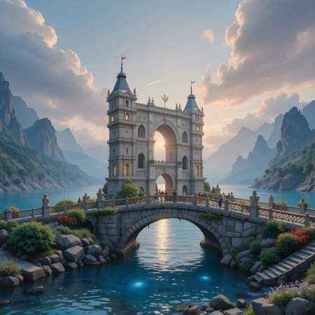 Fantasy landscape with bridge over the lake. 3D illustration.の素材