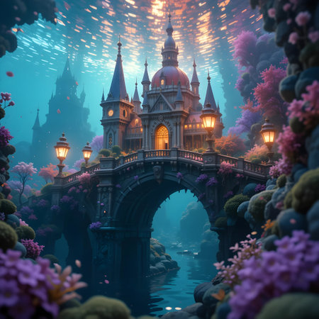 Magic fantasy castle in the water. 3D render. Fantasy illustration.の素材