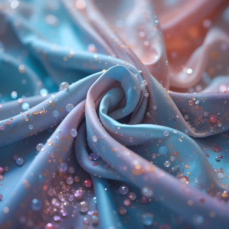 close up of blue silk fabric with glitter and bokeh effectの素材
