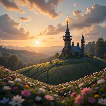 Chapel on the hill at sunset with colorful flowers in the foregroundの素材