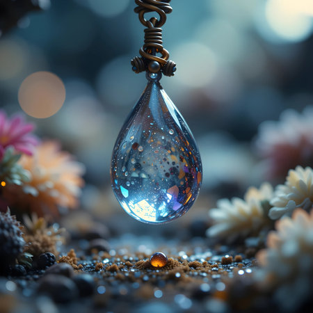 Spoon of colorful flowers floating on water surface with blurred background.の素材