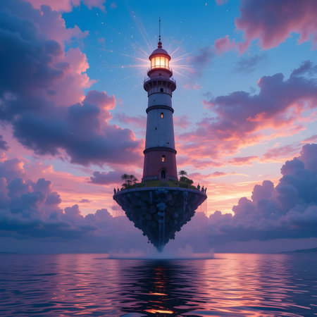 Lighthouse in the sea at sunset. 3d render illustration.の素材