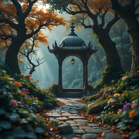 Magic Fairy Tale Landscape with Fantasy Castle and Flowers. Magical Fairy Tale Landscapeの素材