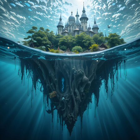 Fantasy fantasy landscape with fantasy castle in water. 3D renderingの素材