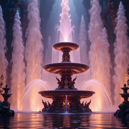 Fountain in the park at night. Beautiful fountains.の素材