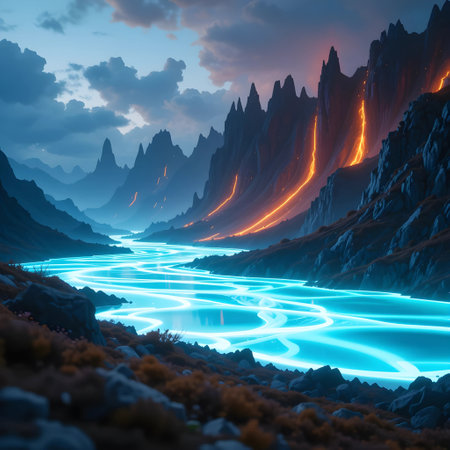 Fantasy landscape with mountains, river and glowing neon lights. 3d renderingの素材