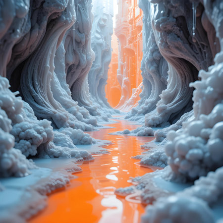 Fantasy alien planet. Mountain and water. 3D illustration.の素材