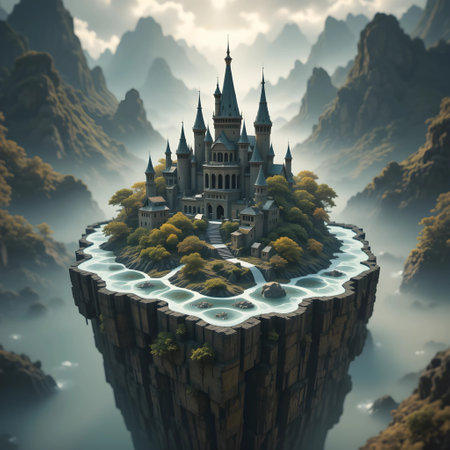 Fantasy landscape with fantasy castle in the fog. 3D illustrationの素材
