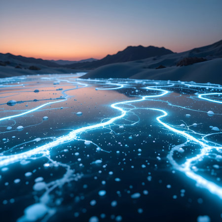 Futuristic landscape with blue lights. 3D Rendering.の素材