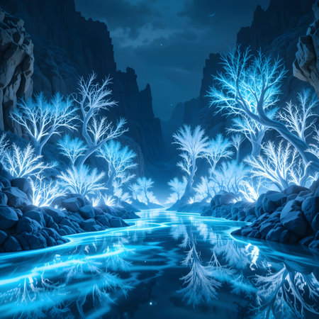 Fantasy landscape with trees and river at night. 3D renderingの素材