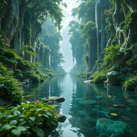 Fantasy landscape with a river in a green forest. 3d renderingの素材