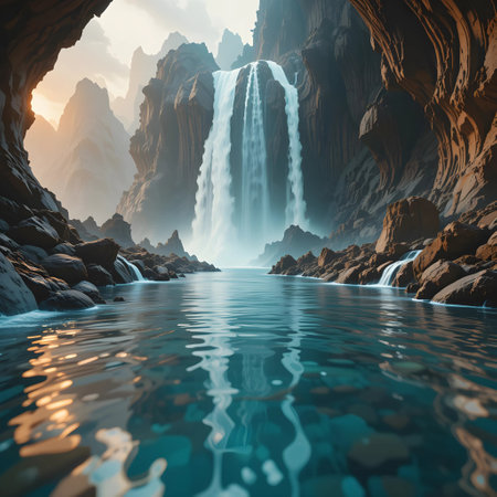 Fantasy landscape with waterfall and lake. 3d render illustration.の素材