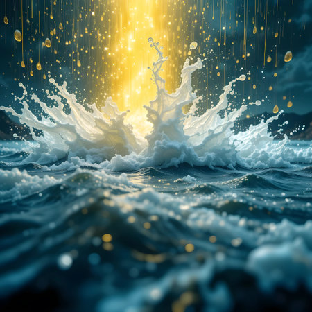 Water splash with gold bokeh effect on dark background. 3d renderingの素材