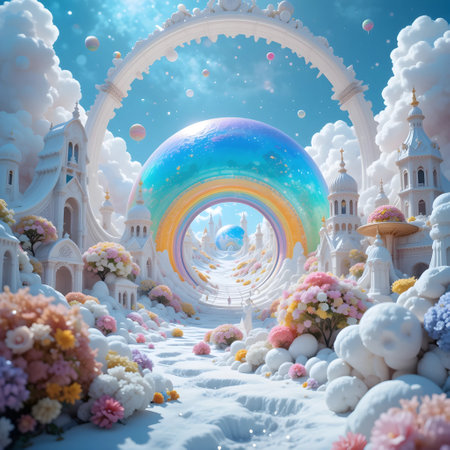 3d illustration of fantasy landscape with fantasy castle, fantasy world.の素材