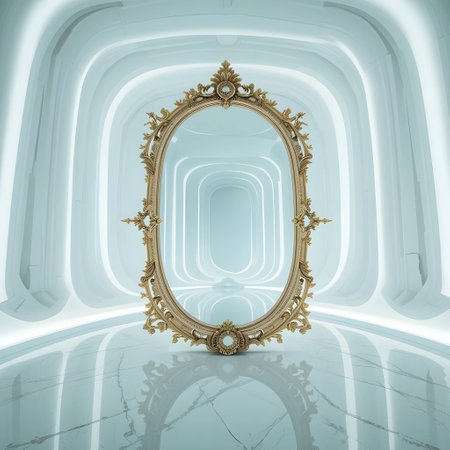 3D rendering of a golden frame in the middle of a corridorの素材