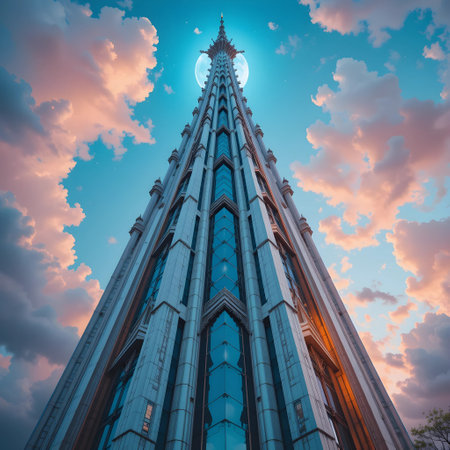 Low angle view of a modern skyscraper in the city at sunsetの素材