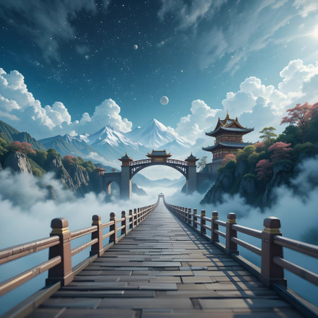 Mt. Fuji in the morning mist with wooden bridge, 3d renderingの素材