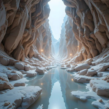 Fantasy winter landscape with ice cave and river. 3d illustrationの素材