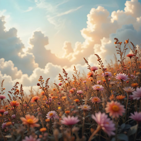 Beautiful chrysanthemum flowers in the field at sunsetの素材