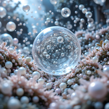 3d rendering of a crystal ball with flowers and bubbles in the backgroundの素材
