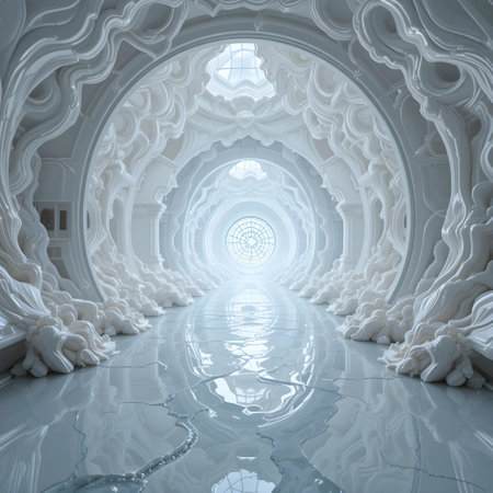 3d render of futuristic corridor with white marble walls and glass ceilingの素材