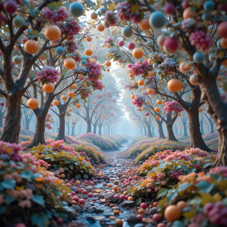 3D render of a beautiful autumn landscape with colorful balloons and treesの素材