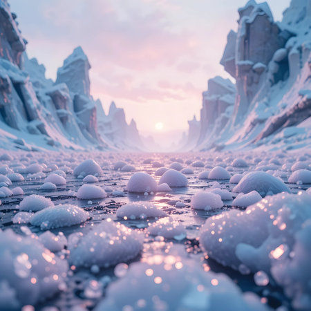 Fantasy winter landscape with frozen lake and mountains. 3d renderingの素材
