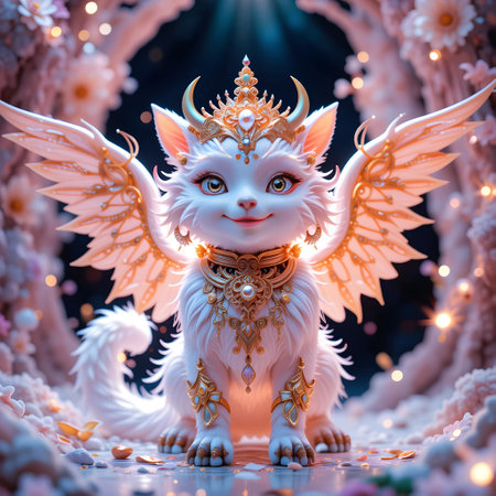 3d rendering of a white angel with golden wings on a background of pink fairy lights.の素材