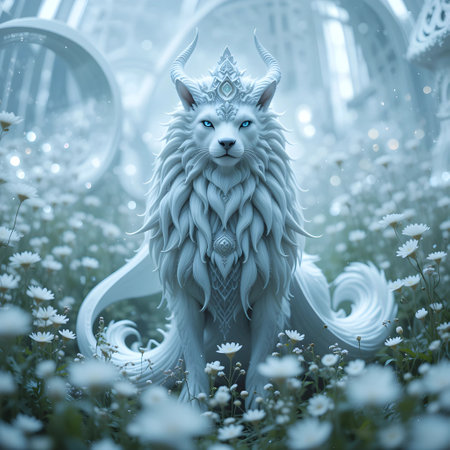 Lion statue in the garden with white daisies background.の素材