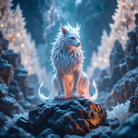 White wolf sitting on a rock in the forest. 3d renderingの素材