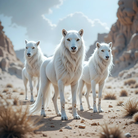 Three white dogs standing in the desert on a blue sky background.の素材