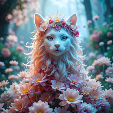 Fairy tale cat with flowers in the garden. 3d renderingの素材