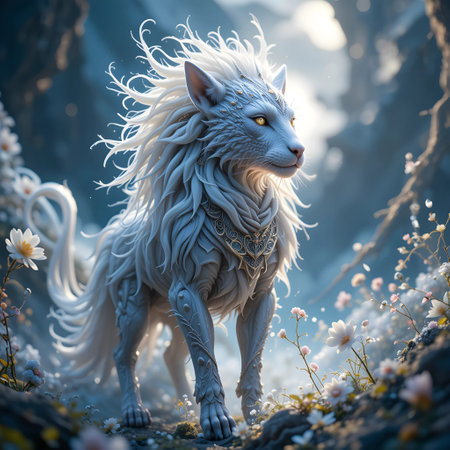 3D rendering of a fantasy creature with a white fur coat.の素材